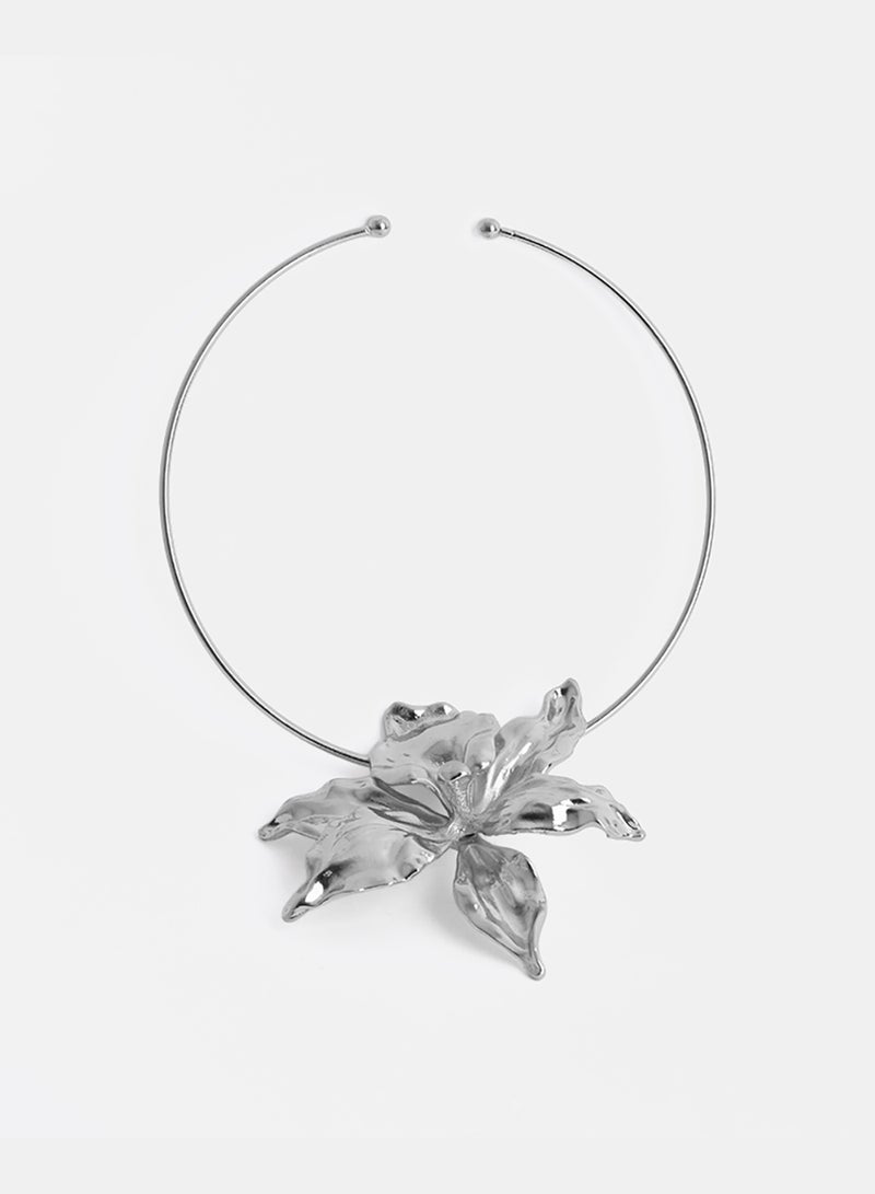 Akher el Ankoud Women'S Open Collar Necklace - Metal Flower Choker Pendant - Silver - Image 4