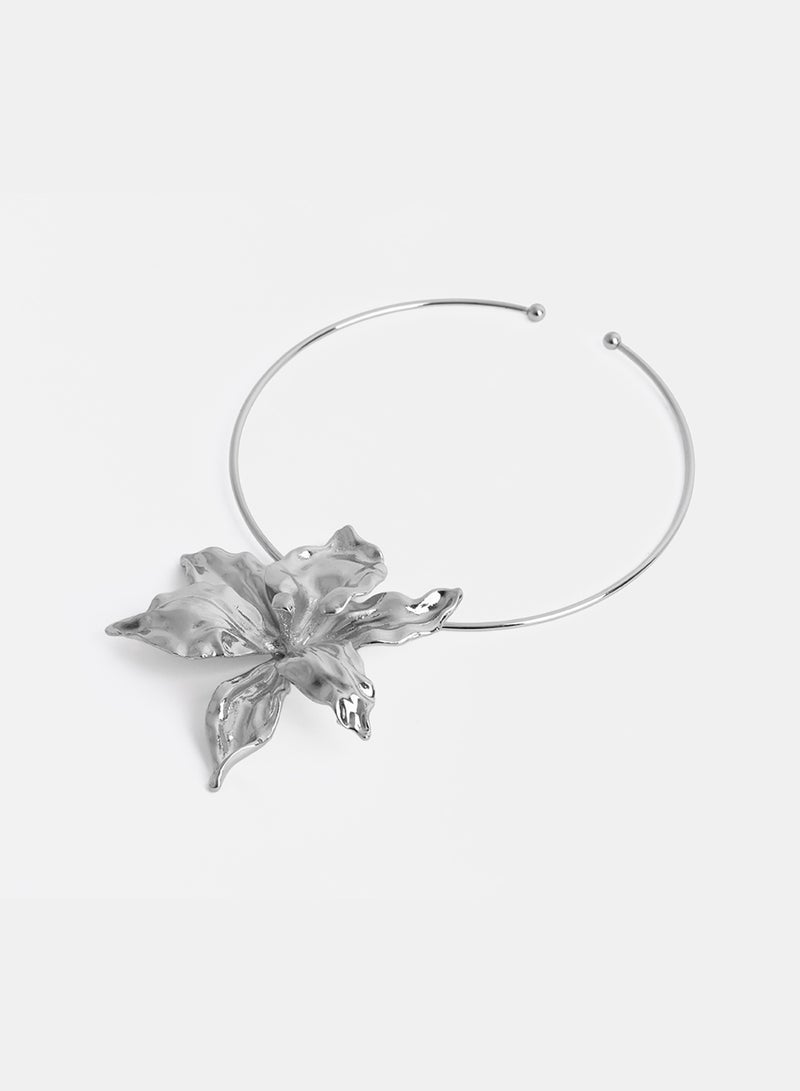 Akher el Ankoud Women'S Open Collar Necklace - Metal Flower Choker Pendant - Silver - Image 3