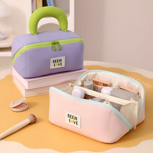Shopiable Store Travel Makeup Bag for Women | Portable Cosmetic Organizer with Handle & Zipper | Waterproof Toiletry Pouch for Makeup Brushes, Skincare & Accessories (Cross Open Bag, Pink) - Image 3