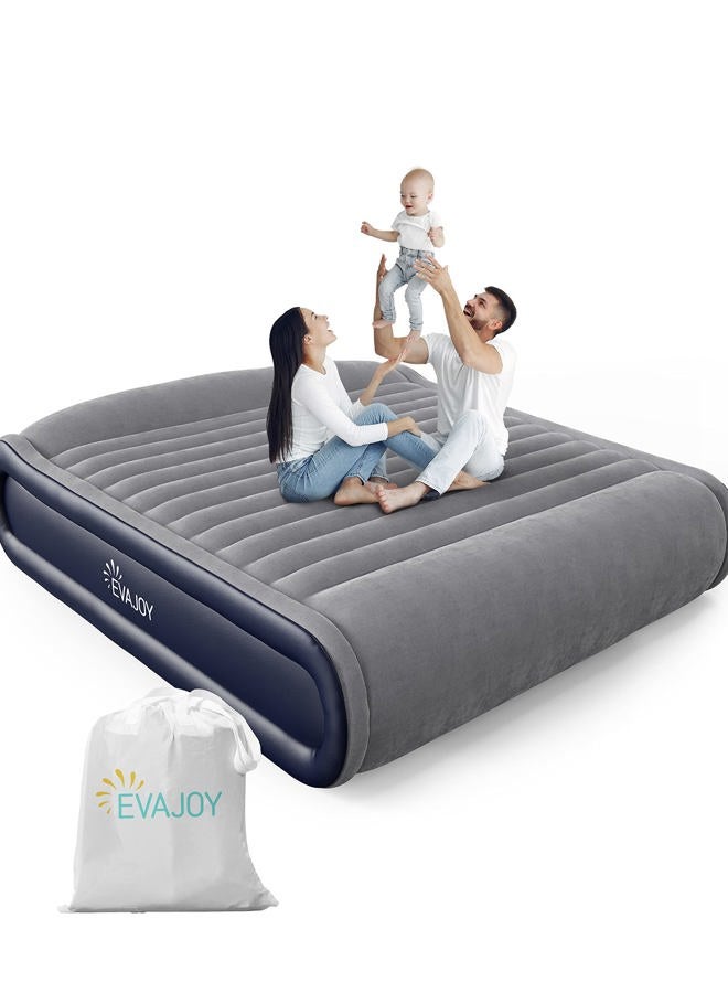 Evajoy Queen Inflatable Air Mattress with Built in Pump, 17'' Double High Airbed Headboard, 3 Mins Quick Inflation/Deflation, Comfort Blow Up Flocked Top for Home, Camping, Blue & Grey (EJ-HF004) - Image 1