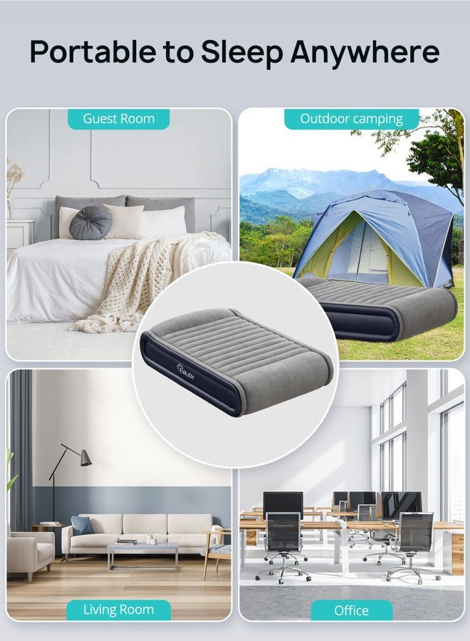 Evajoy Queen Inflatable Air Mattress with Built in Pump, 17'' Double High Airbed Headboard, 3 Mins Quick Inflation/Deflation, Comfort Blow Up Flocked Top for Home, Camping, Blue & Grey (EJ-HF004) - Image 3
