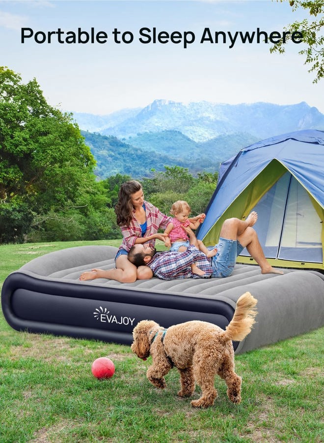 Evajoy Queen Inflatable Air Mattress with Built in Pump, 17'' Double High Airbed Headboard, 3 Mins Quick Inflation/Deflation, Comfort Blow Up Flocked Top for Home, Camping, Blue & Grey (EJ-HF004) - Image 4