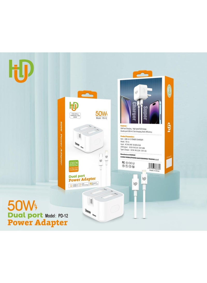 50W Dual Port USB Power Adapter - Fast Charging with PD 3.0 & Quick Charge - PD-12 Model