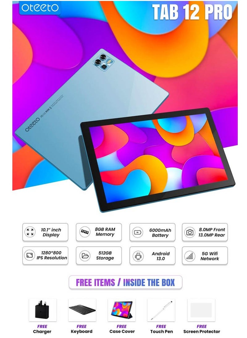 تابلت أوتيتو تاب 12 برو 5G يعمل بنظام أندرويد مع شاشة 10.1 بوصة وذاكرة وصول عشوائي 8 جيجابايت وذاكرة قراءة فقط 512 جيجابايت وبطارية 6000 مللي أمبير في الساعة ولوحة مفاتيح لاسلكية باللون الأزرق