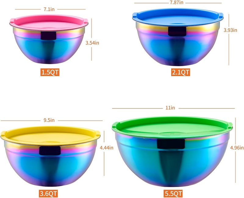 Onlycooker Rainbow Mixing Bowls With Airtight LidsStainless Steel BowlSalad Bowls 4 Piece Colorful Nesting Bowl Rainbow Kitchen AccessoriesSize 55362115 QT Stackable Design - Image 2