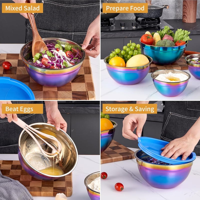 Onlycooker Rainbow Mixing Bowls With Airtight LidsStainless Steel BowlSalad Bowls 4 Piece Colorful Nesting Bowl Rainbow Kitchen AccessoriesSize 55362115 QT Stackable Design - Image 4
