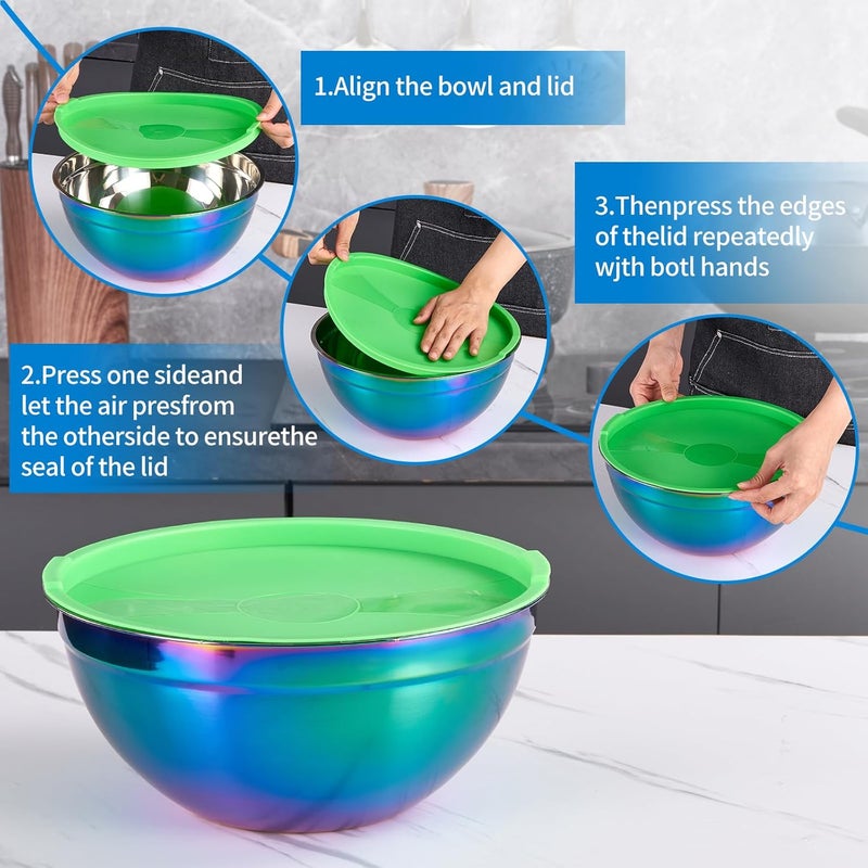 Onlycooker Rainbow Mixing Bowls With Airtight LidsStainless Steel BowlSalad Bowls 4 Piece Colorful Nesting Bowl Rainbow Kitchen AccessoriesSize 55362115 QT Stackable Design - Image 3