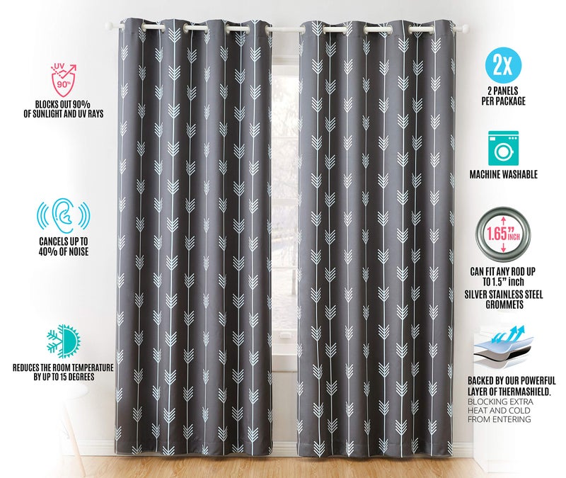 HLC.ME Arrow Printed Blackout Room Darkening Thermal Grommet Window Curtain Drape Panels for Bedroom - Set of 2 - Grey - 84" inch Long - Image 5