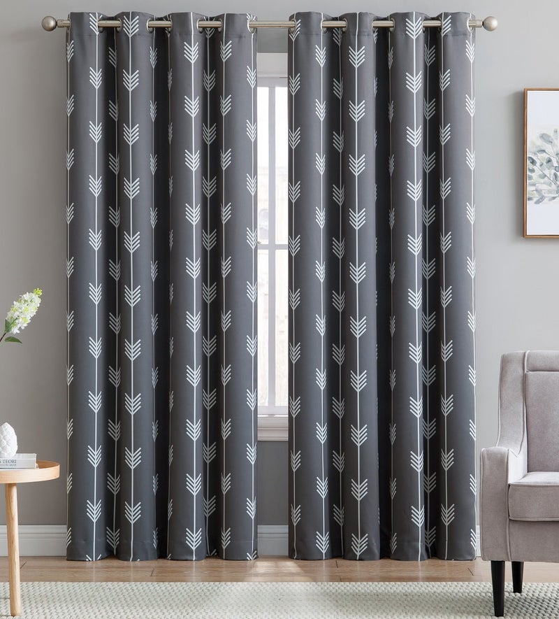 HLC.ME Arrow Printed Blackout Room Darkening Thermal Grommet Window Curtain Drape Panels for Bedroom - Set of 2 - Grey - 84" inch Long - Image 1