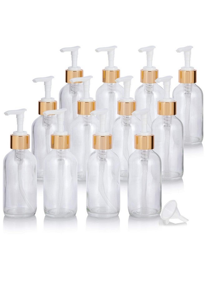 JUVITUS 4 Oz Clear Boston Round Thick Plated Glass Bottle With Gold Lotion Pump (12 Pack) + Funnelperfect For Home Decorkitchenbathroomguestessential Oilsdiywedding Shower Gifts - Image 1