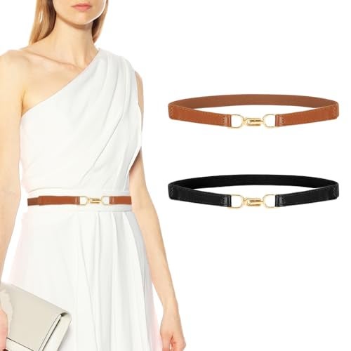 PALAY® Waist Belt for Women Dresses, 2pcs Ladies Belts for Women Jeans, Elastic Brown and Black Belt for Woman, Narrow Slim Belt for Dress Shirts Gown Blazer (Metal Interlock Buckles) - Image 1