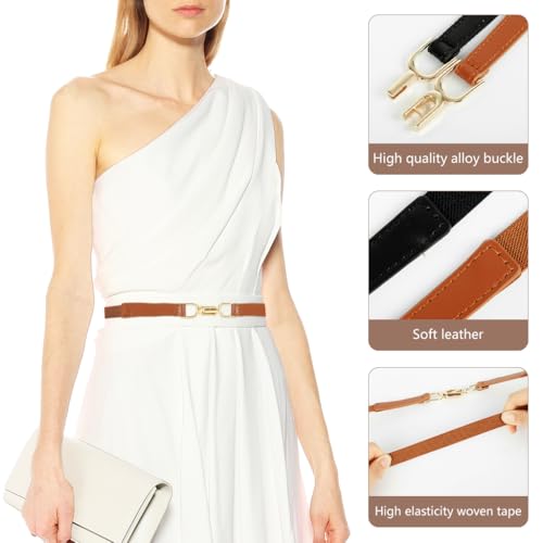 PALAY® Waist Belt for Women Dresses, 2pcs Ladies Belts for Women Jeans, Elastic Brown and Black Belt for Woman, Narrow Slim Belt for Dress Shirts Gown Blazer (Metal Interlock Buckles) - Image 5