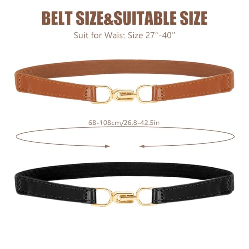 PALAY® Waist Belt for Women Dresses, 2pcs Ladies Belts for Women Jeans, Elastic Brown and Black Belt for Woman, Narrow Slim Belt for Dress Shirts Gown Blazer (Metal Interlock Buckles) - Image 2