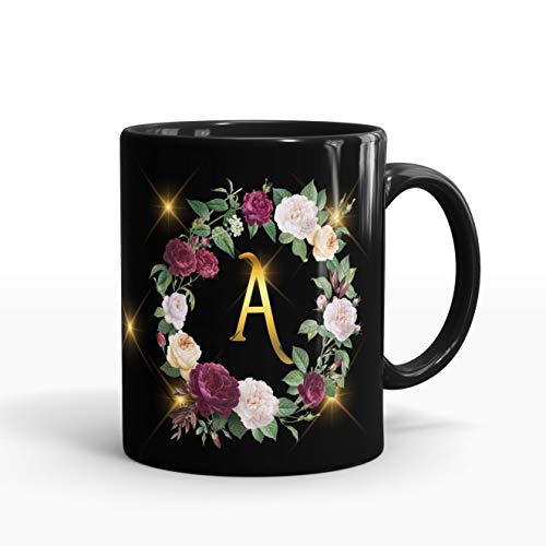 Gift Arcadia Ceramic Alphabet A Letter Flower Coffee Mug - 1 Piece, Black, 330ml (A162) - Image 1