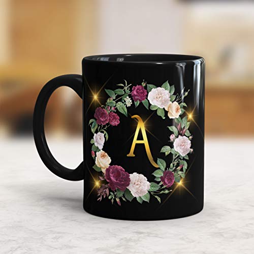 Gift Arcadia Ceramic Alphabet A Letter Flower Coffee Mug - 1 Piece, Black, 330ml (A162) - Image 2