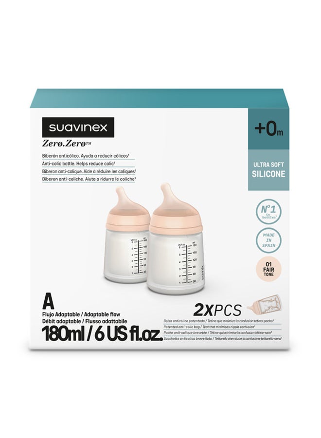 SUAVINEX زيرو زيرو زجاجة رضاعة مضادة للمغص للأطفال، العلامة التجارية رقم 1 لزجاجات رضاعة الأطفال الإسبانية، مثالية للأطفال الذين يرضعون طبيعياً 180 مل × 2 مجموعة من 2 - Image 2