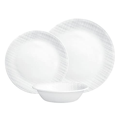 Corelle Dinnerware Set, 12-Piece, Linen Weave, Tempered Glass, Dinner Plates, Side Plates & Bowls, 3X More Durable, Half The Space & Weight of Ceramic, 1146908 - Image 1