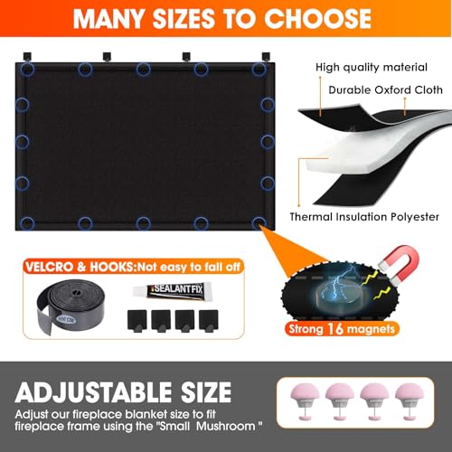 CADARA Fireplace Blocker Blanket Stops Heat Loss, Magnetic Fireplace Draft Stopper, Indoor Fire Place Draft Cover with Hook and Loop Tapes, Cold Air Blocker Save Energy, Black 42" W x 36" H - Image 2