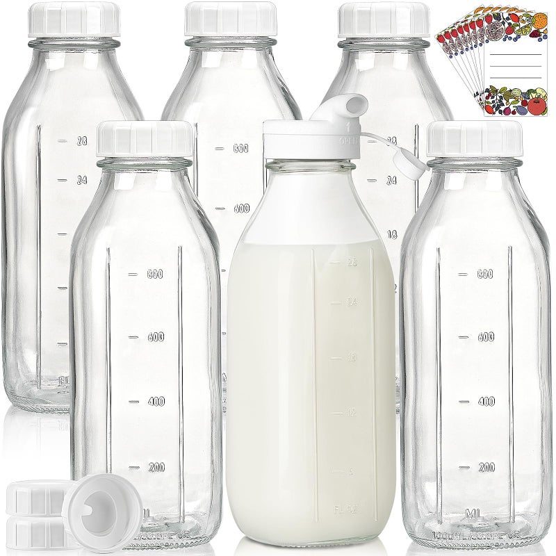 Syntic Liter Glass Milk Bottles w 100% Airtight Heavy Duty Screw Lid - 6 Pack 32 Oz Drinking Jars - Food Grade Glass Bottles for Milk, Honey, Jam - Dishwasher Safe(Extra 2 Lids and Stickers Included) - Image 1