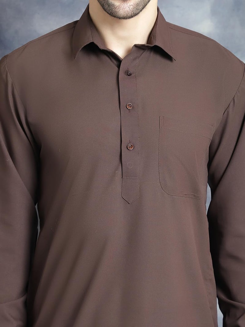 jompers قميص باثاني صلب للرجال من جومبرز مع سالوار باللون البني - Image 5