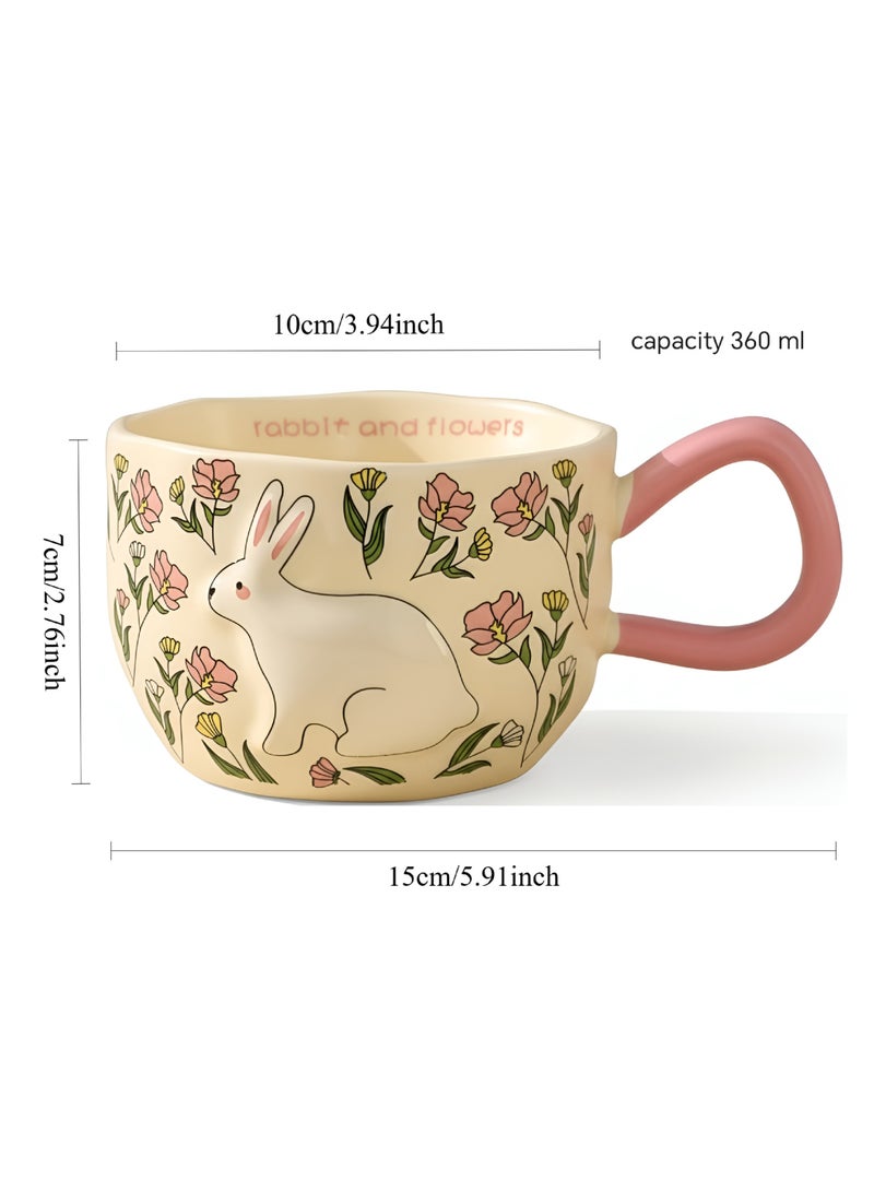 مج بورسلين أرنب وزهور وردي 360 مل تصميم شخصيات مقبض وردي جسم كريمي للقهوة والشاي - Image 5