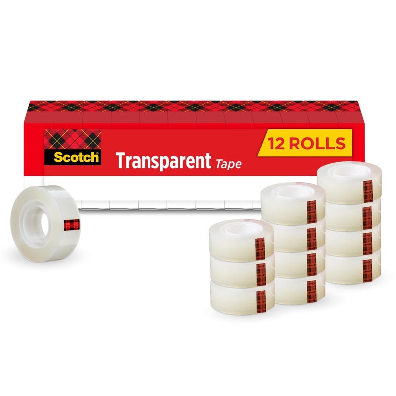 Scotch Transparent Tape, Clear Tape Engineered for Office and Home Use, 1 Inch Core, 3/4 in x 1000 in, 12 Rolls - Image 1