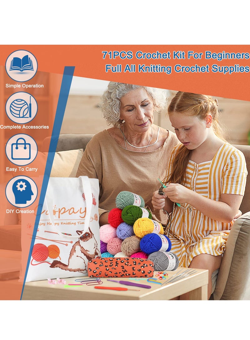 طقم كروشيه للمبتدئين - 71 قطعة مجموعة بدء مع 15 لون خيوط، الملحقات الكاملة، التعليمات، وحقيبة قماش على شكل قطة للأطفال والبالغين. مثالي للمرح في الأعمال الحرفية! - Image 2