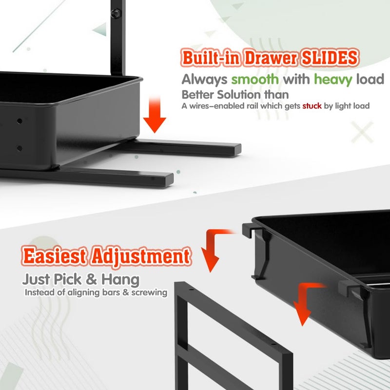 EVERIE Height Adjustable 2 Tier Metal Pull Out Slide Shelf Organizer for Under Sink Cabinets in Kitchen, Bathroom, with Snap-on Top Tray, 16" Deep (Black, 2 Sets) - Image 2