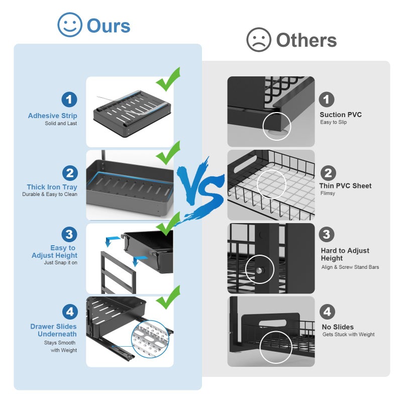 EVERIE Height Adjustable 2 Tier Metal Pull Out Slide Shelf Organizer for Under Sink Cabinets in Kitchen, Bathroom, with Snap-on Top Tray, 16" Deep (Black, 2 Sets) - Image 5