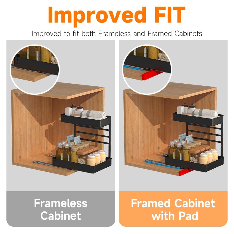 EVERIE Height Adjustable 2 Tier Metal Pull Out Slide Shelf Organizer for Under Sink Cabinets in Kitchen, Bathroom, with Snap-on Top Tray, 16" Deep (Black, 2 Sets) - Image 4