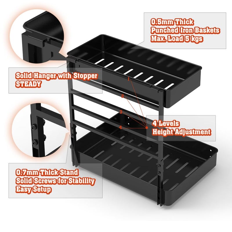 EVERIE Height Adjustable 2 Tier Metal Pull Out Slide Shelf Organizer for Under Sink Cabinets in Kitchen, Bathroom, with Snap-on Top Tray, 16" Deep (Black, 2 Sets) - Image 3