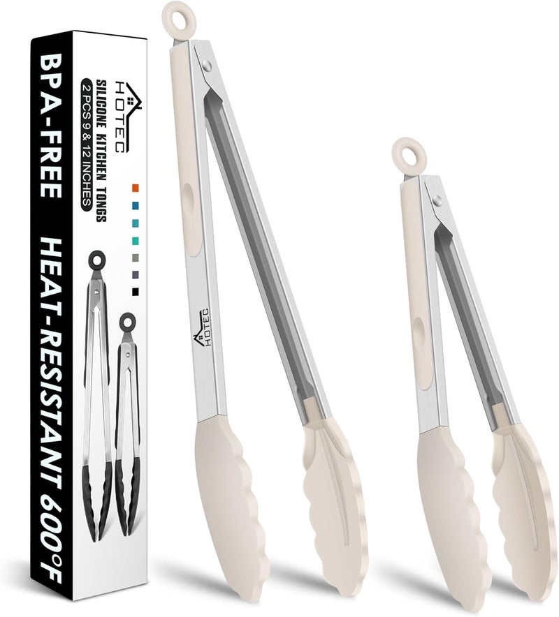 HOTEC Premium Stainless Steel Locking Kitchen Tongs with Silicon Tips, Set of 2-9" and 12",Khaki - Image 1