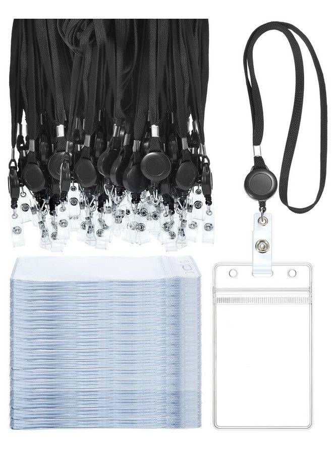 Marspark 50 Pieces Neck Lanyards For Id Badges Flat Lanyard With Retractable Reel Black Lanyards For Id Badges 50 Pieces Vertical Name Badge Holder Transparent Id Card Holders For School Office Home Student - Image 1