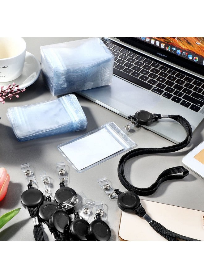 Marspark 50 Pieces Neck Lanyards For Id Badges Flat Lanyard With Retractable Reel Black Lanyards For Id Badges 50 Pieces Vertical Name Badge Holder Transparent Id Card Holders For School Office Home Student - Image 5