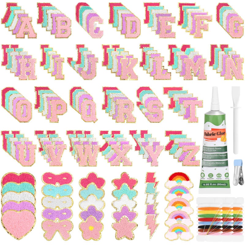 Mckanti 160 Pcs Chenille Patches and Fabric Glue for DIY Clothing, Include 130 A-Z Letter Patches, 30 Cute Patches and 1 Fabric Glue for Clothes, Backpacks, Bags - Image 1