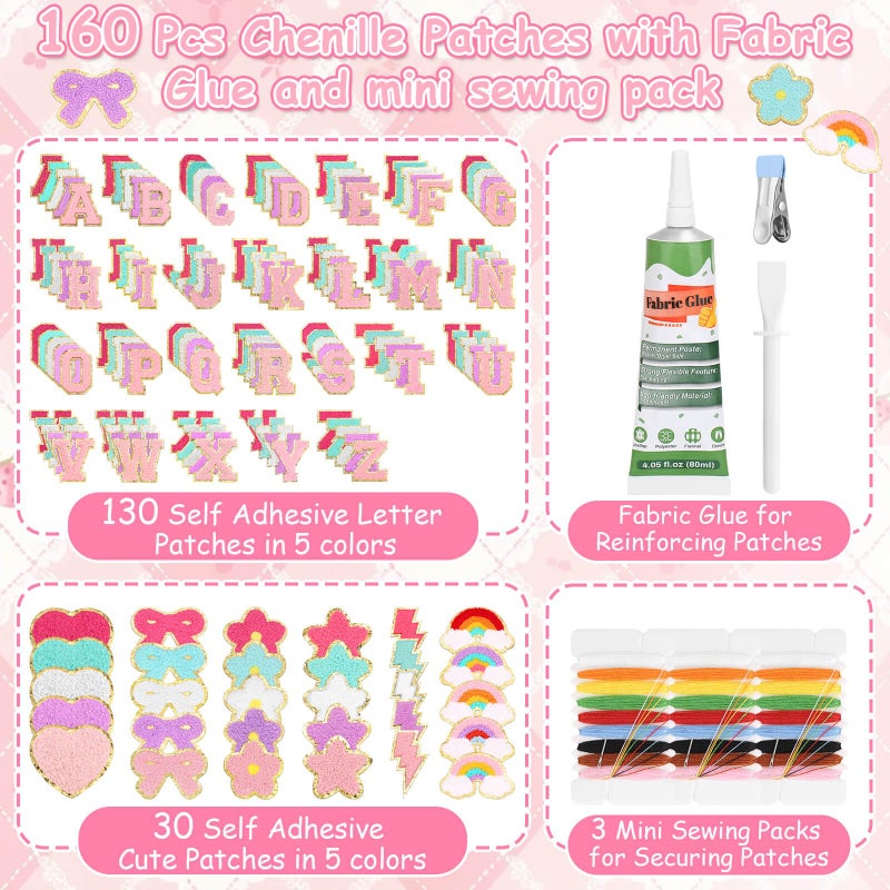 Mckanti 160 Pcs Chenille Patches and Fabric Glue for DIY Clothing, Include 130 A-Z Letter Patches, 30 Cute Patches and 1 Fabric Glue for Clothes, Backpacks, Bags - Image 2