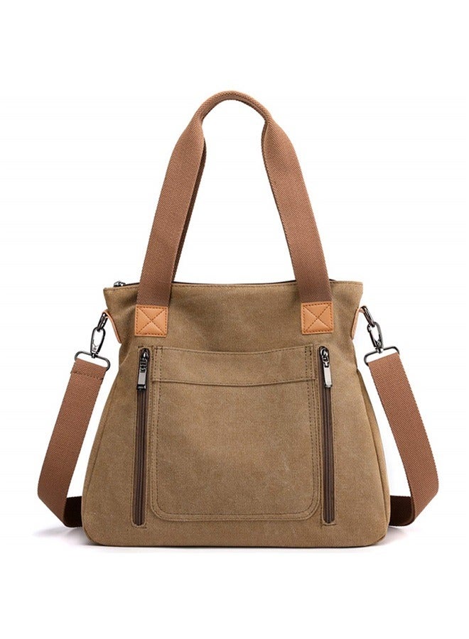 حقيبة نسائية قماشية كبيرة الحجم حقائب كتف وكتف متقاطع كلاسيكية متعددة الجيوب - بنية