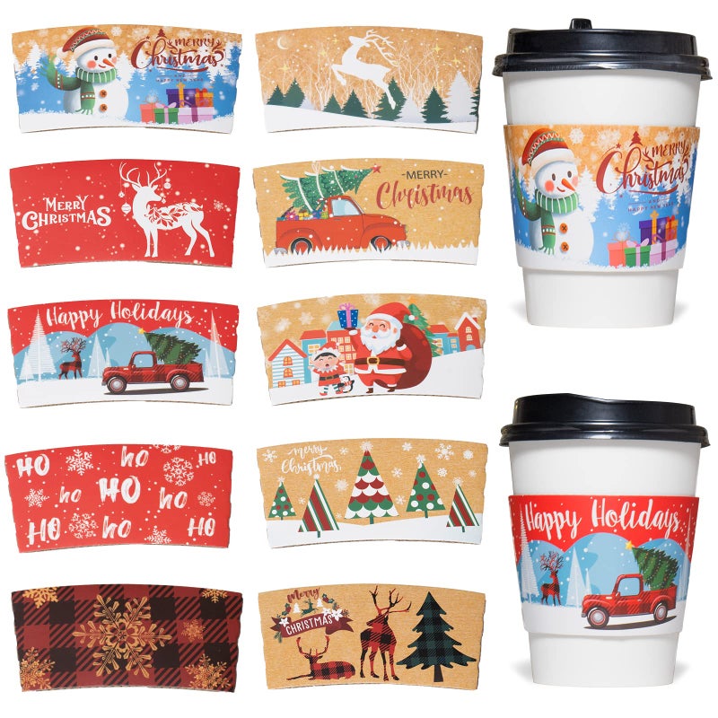 Smarimple Christmas Coffee Cup Sleeves Disposable Hot Chocolate Cocoa Paper Cup Sleeve 60 Pack DoubleLayer Corrugated Insulated Paper Jacket for 12oz to 20oz 10 Designs