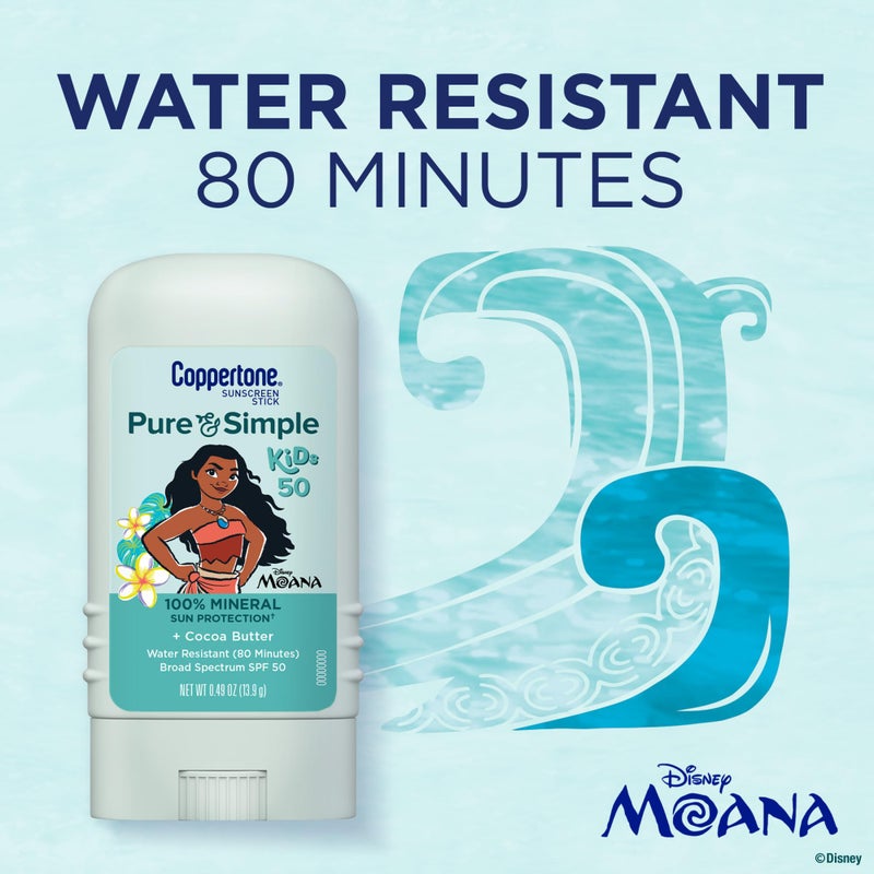 Coppertone عصا واقي شمس للأطفال من كوبرتون بيور آند سيمبل، حصرية ديزني موانا، SPF 50، مضاد للحساسية، واقي شمس معدني للأطفال، مقاوم للماء، خالي من الأوكسي بنزون والأوكتينوكسايت، 0.49 أونصة - Image 5