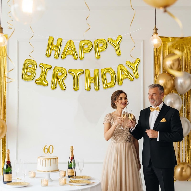 TONIFUL 3D Gold Happy Birthday Balloons Banner with Ribbon Straw, 16 Inch Mylar Foil Letters Birthday Sign Banner Balloon Bunting Reusable for Girls Boys Kids & Adults Birthday Halloween Supplies - Image 4