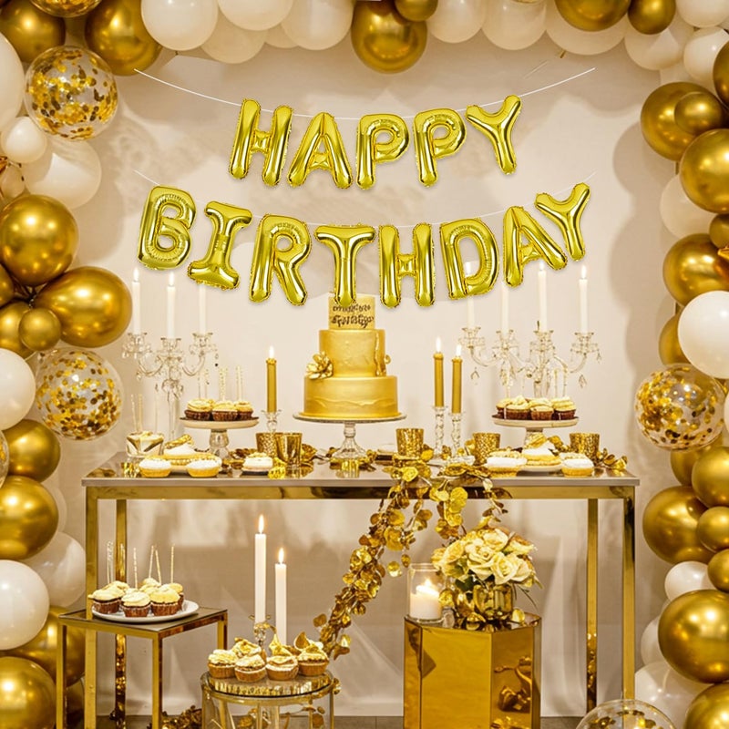 TONIFUL 3D Gold Happy Birthday Balloons Banner with Ribbon Straw, 16 Inch Mylar Foil Letters Birthday Sign Banner Balloon Bunting Reusable for Girls Boys Kids & Adults Birthday Halloween Supplies - Image 3