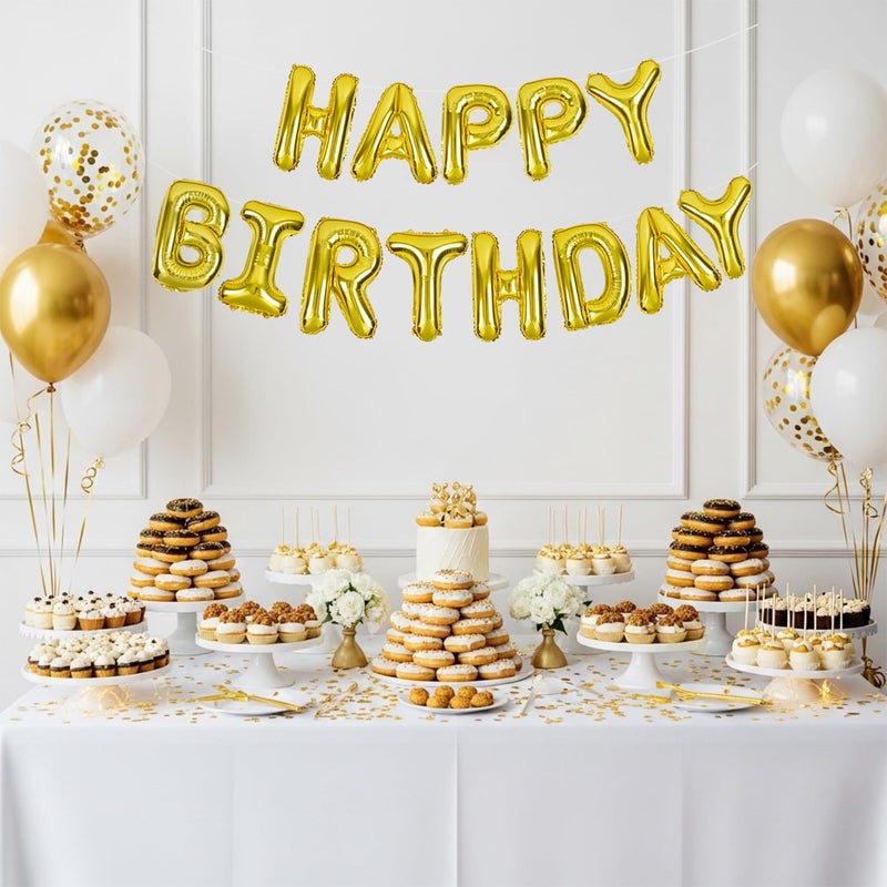 TONIFUL 3D Gold Happy Birthday Balloons Banner with Ribbon Straw, 16 Inch Mylar Foil Letters Birthday Sign Banner Balloon Bunting Reusable for Girls Boys Kids & Adults Birthday Halloween Supplies - Image 5