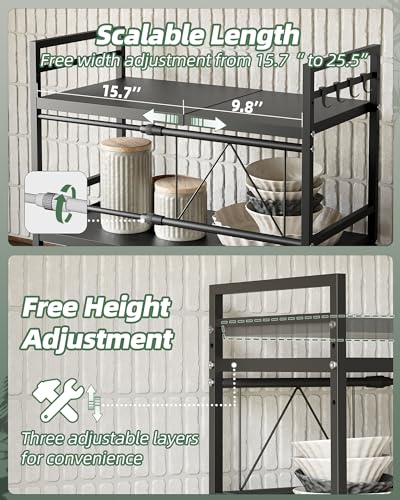 NETEL Expandable Microwave Stand,2 Tier Metal Kitchen Countertop Organizer Shelves with Paper Towel Holder and Baskets,Bakers Rack,Microwave Shelf,Microwave Oven Rack,55lbs Weight Capacity - Image 3