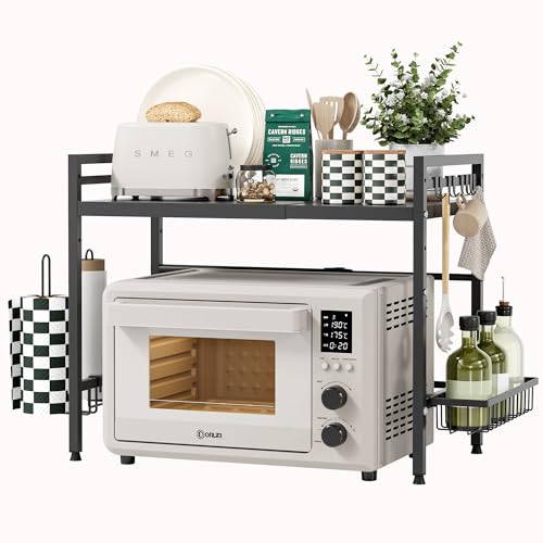 NETEL Expandable Microwave Stand,2 Tier Metal Kitchen Countertop Organizer Shelves with Paper Towel Holder and Baskets,Bakers Rack,Microwave Shelf,Microwave Oven Rack,55lbs Weight Capacity - Image 1