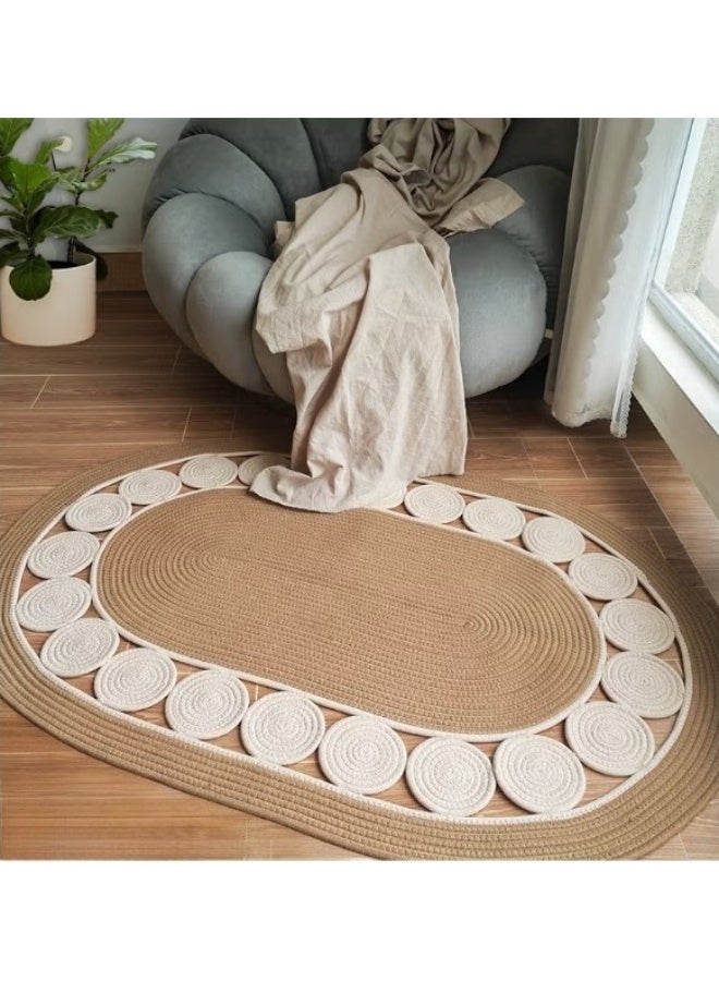Boho Handwoven Area Rugs Oval For Living Room - Non-Slip Small Rugs & Carpets, Natural Linen Fiber, Washable Door Mats, Suitable For Bed Room, Bathroom & Kitchen, Room Decor For Family (Beige) - Image 2