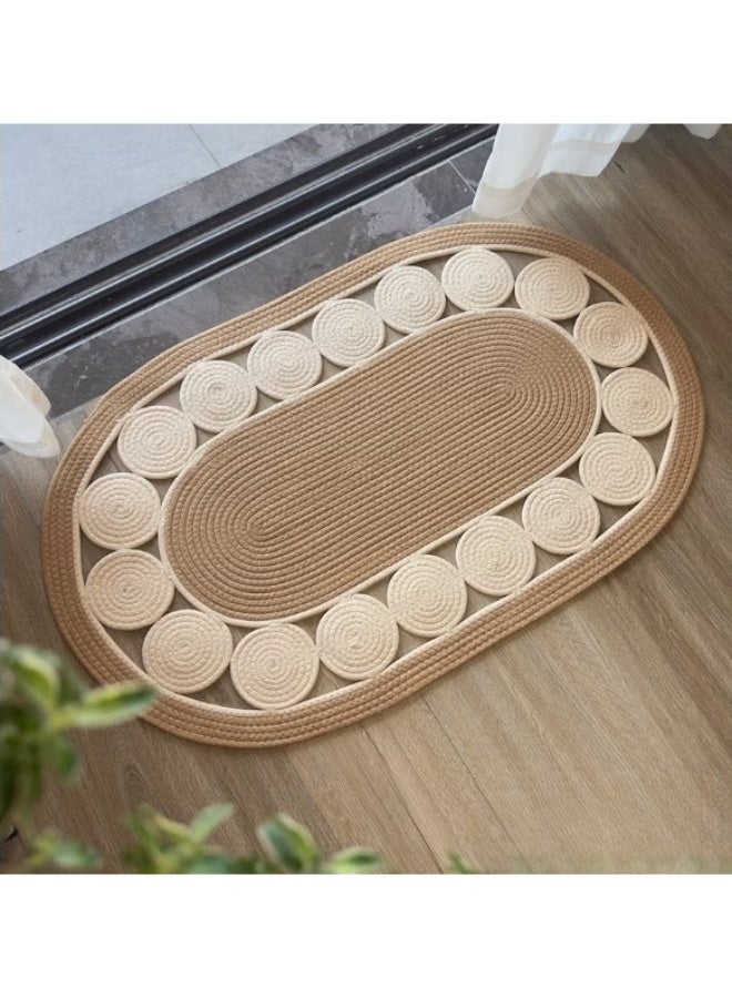 Boho Handwoven Area Rugs Oval For Living Room - Non-Slip Small Rugs & Carpets, Natural Linen Fiber, Washable Door Mats, Suitable For Bed Room, Bathroom & Kitchen, Room Decor For Family (Beige) - Image 3