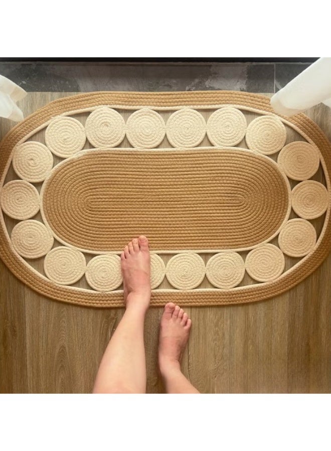 Boho Handwoven Area Rugs Oval For Living Room - Non-Slip Small Rugs & Carpets, Natural Linen Fiber, Washable Door Mats, Suitable For Bed Room, Bathroom & Kitchen, Room Decor For Family (Beige) - Image 4