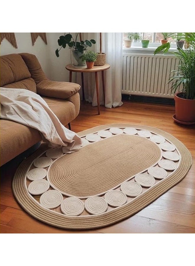 Boho Handwoven Area Rugs Oval For Living Room - Non-Slip Small Rugs & Carpets, Natural Linen Fiber, Washable Door Mats, Suitable For Bed Room, Bathroom & Kitchen, Room Decor For Family (Beige) - Image 1