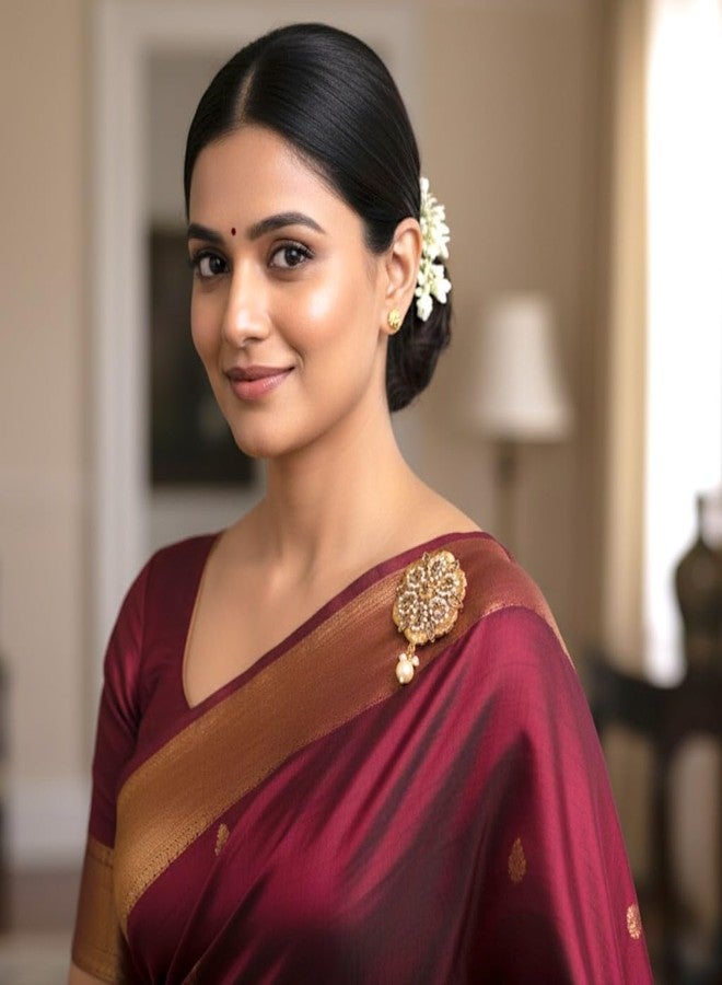 ACCESSHER Women & Girls Gold-Plated Traditional Kundan Pearl Drop Multipurpose Clothing Sewing Brooch & Pin for Dupatta, Chunri Scrafs, Hijab & Saree Pin For Wedding - Image 2