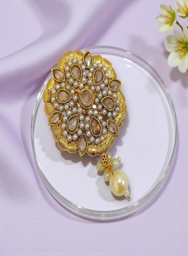 ACCESSHER Women & Girls Gold-Plated Traditional Kundan Pearl Drop Multipurpose Clothing Sewing Brooch & Pin for Dupatta, Chunri Scrafs, Hijab & Saree Pin For Wedding - Image 3